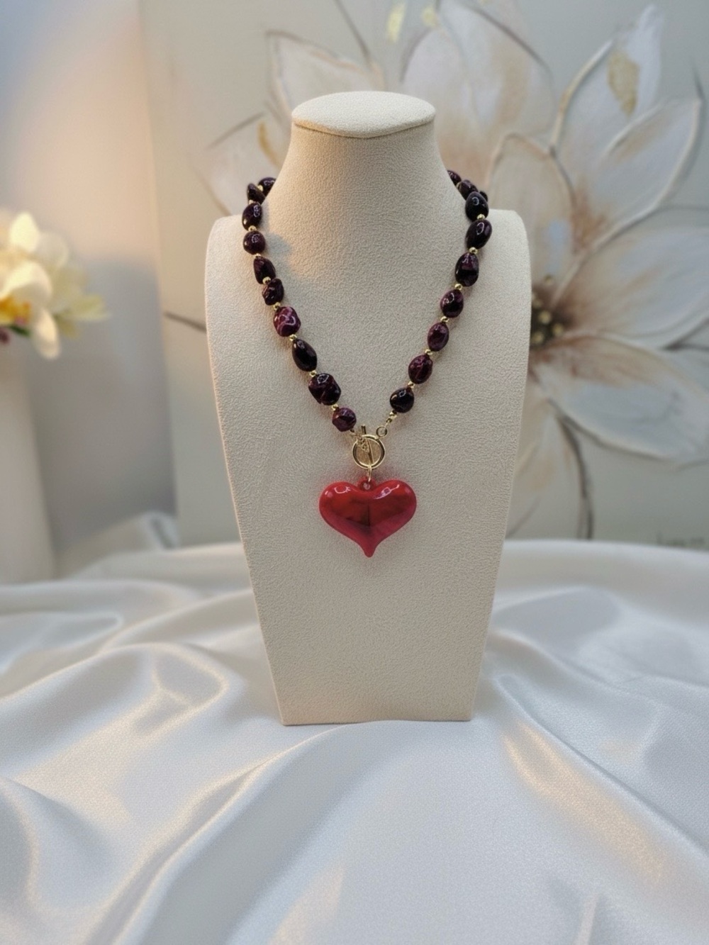 Dark Cherry Cola statement Heart Pendant Toggle Necklace, Burgundy Beaded
